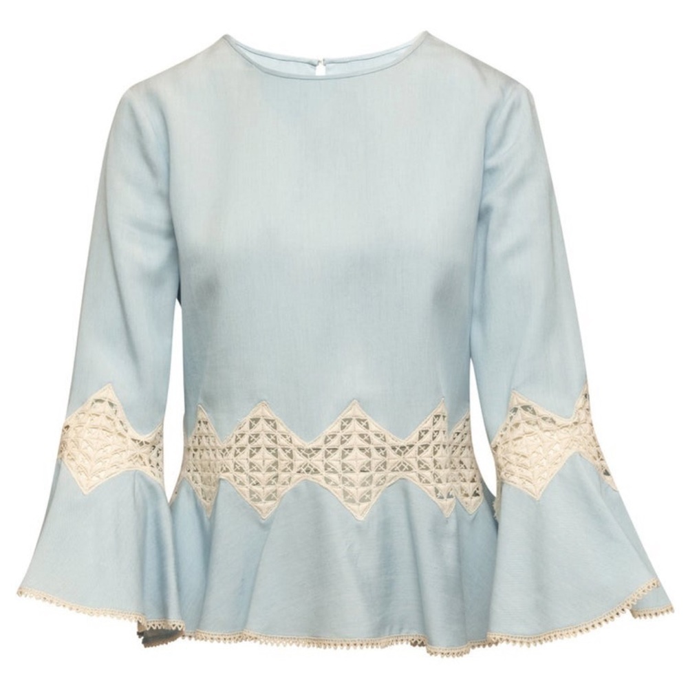 Jonathan Simkhai Light Blue & Cream Bell Sleeve Top